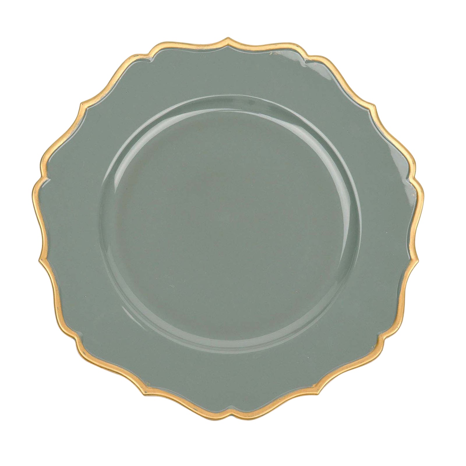 Olive Green Gold Scalloped Rim Round Plastic Charger Plates 13 Inch 6 Pack#whtbkgd