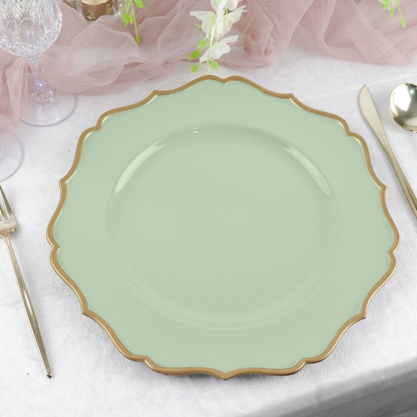 6 Pack | 13" Sage Green / Gold Scalloped Rim Acrylic Charger Plates, Round Plastic Charger Plates