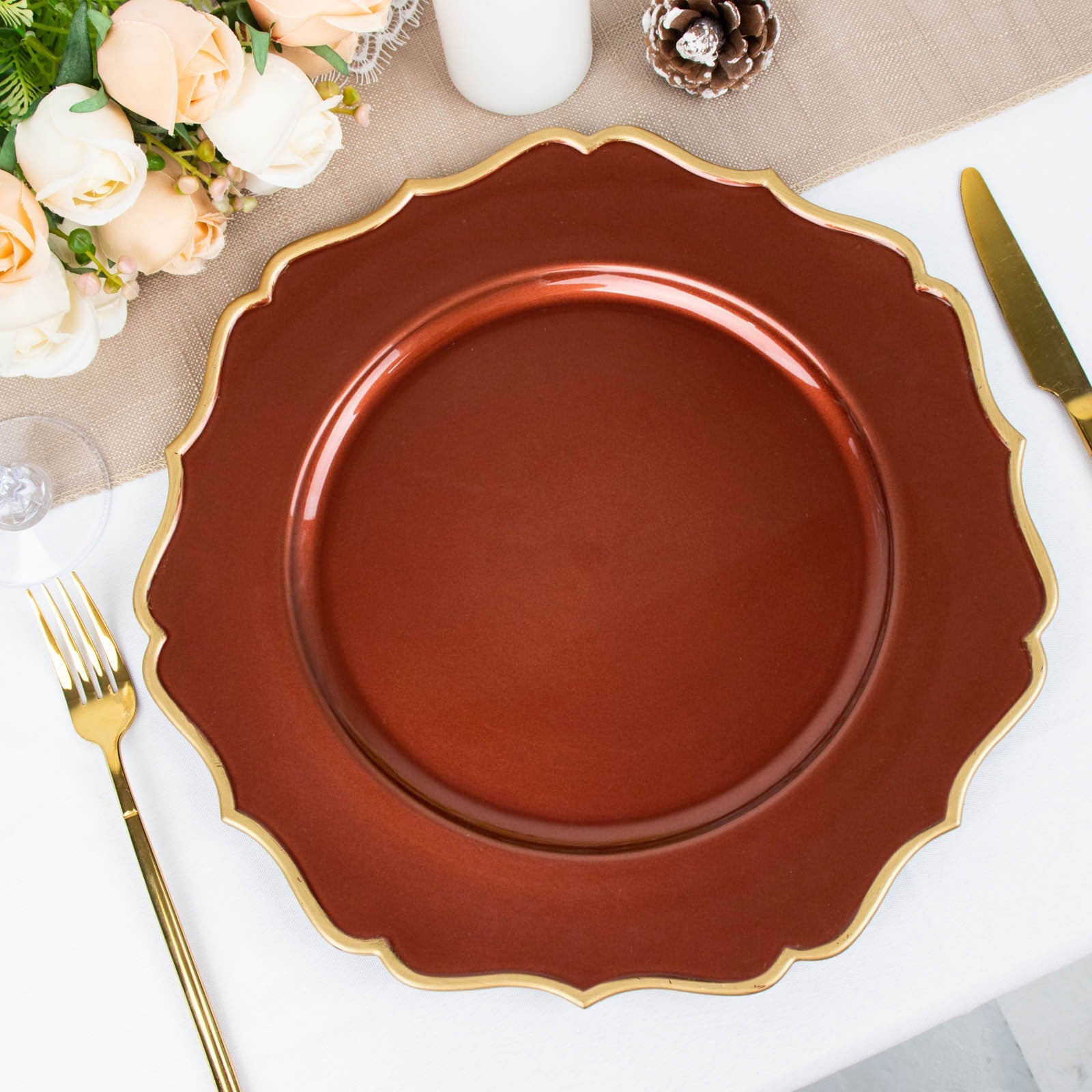 6 Pack | 13inch Terracotta / Gold Scalloped Rim Acrylic Charger Plates