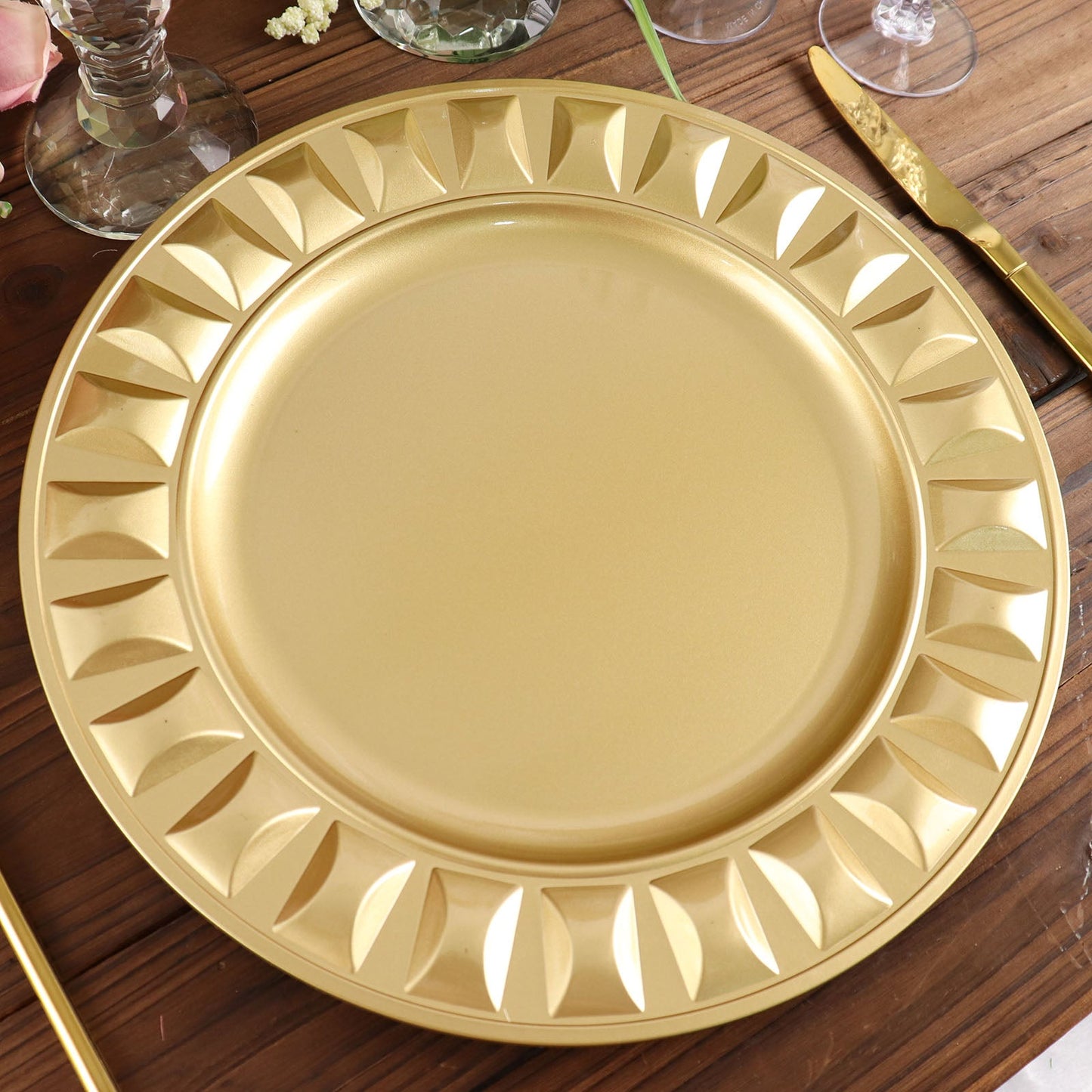 6 Pack | 13" Gold Round Bejeweled Rim Plastic Dinner Serving Trays, Disposable Charger Plates