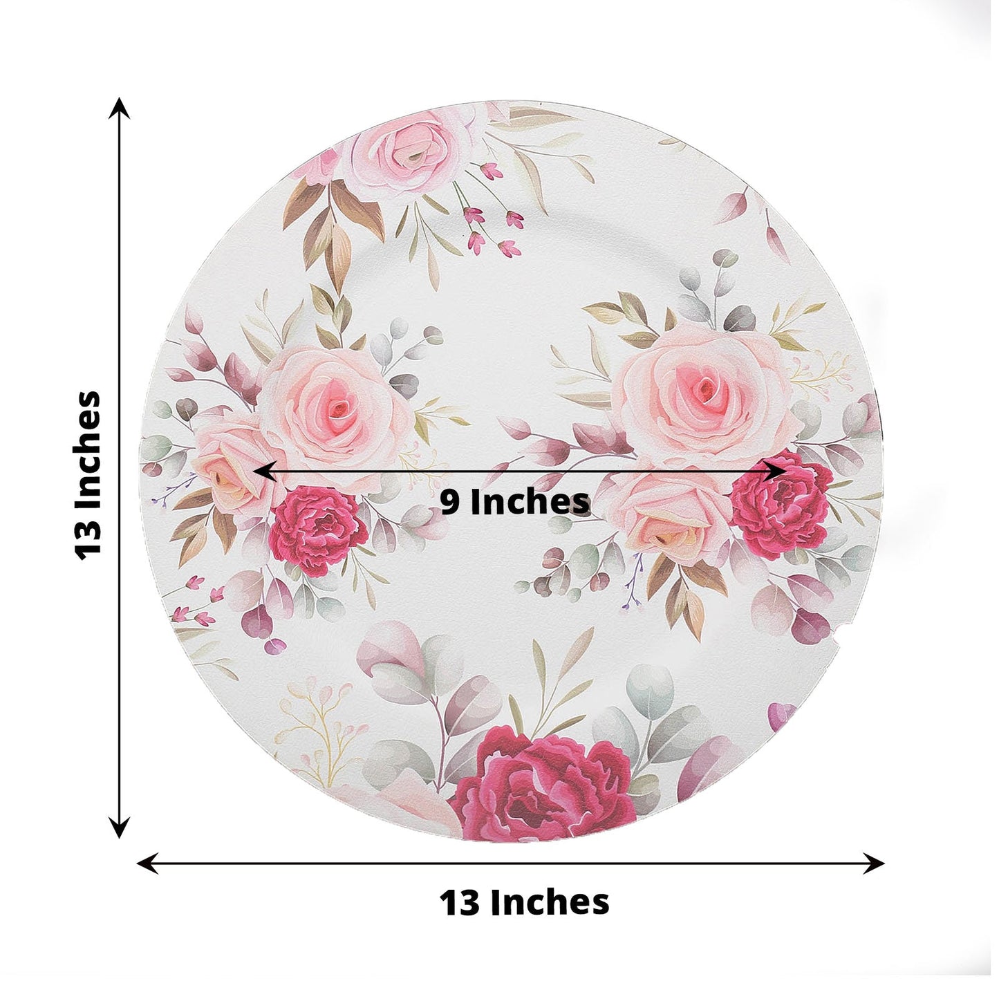 13" pink rose design disposable serving plate with floral print.