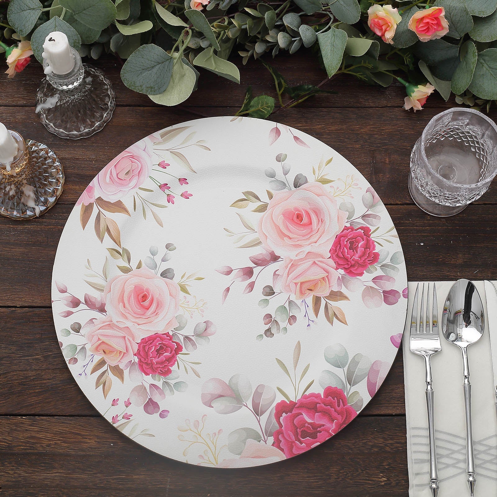 13" Pink Rose Flower Design Plastic Serving Plate, Disposable Spring Floral Print.