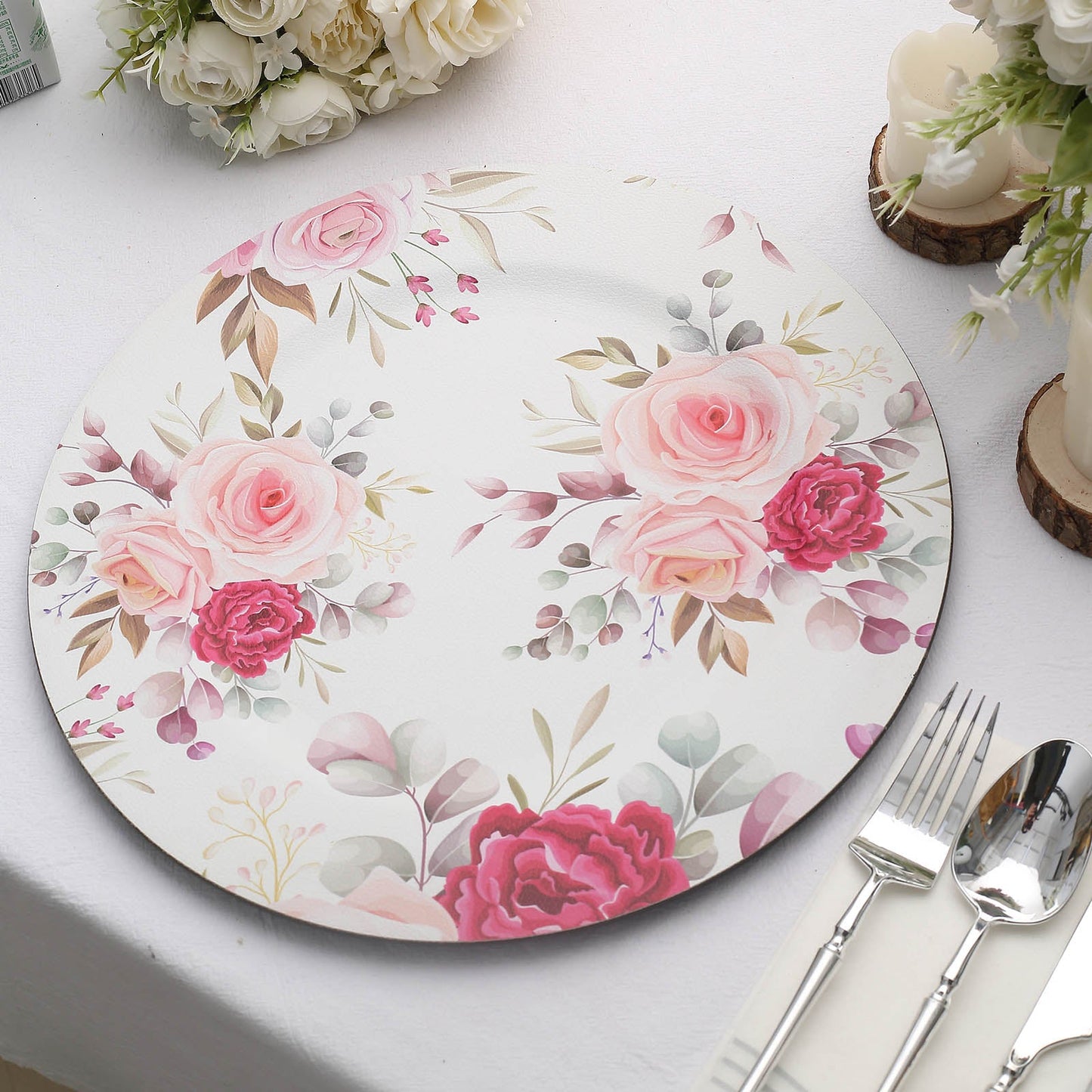 Pink floral design disposable serving plate.