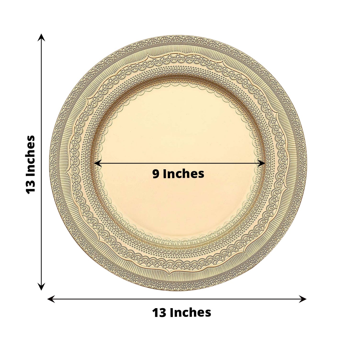 Gold rustic lace embossed acrylic plastic charger plate, 13 inches.