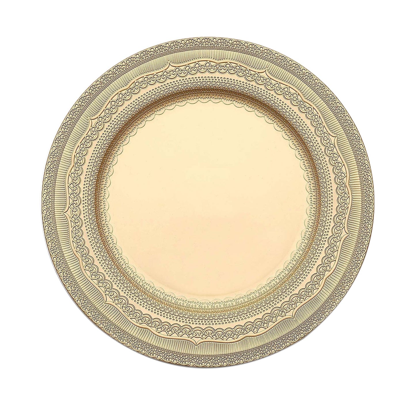 Gold rustic lace embossed acrylic charger plate.