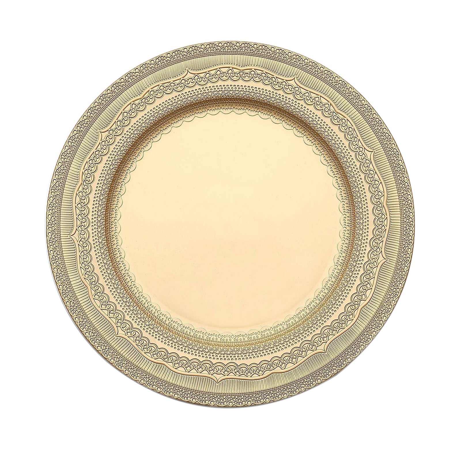 Gold rustic lace embossed acrylic charger plate.