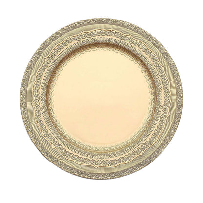 Gold rustic lace embossed acrylic charger plate.