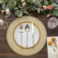 Gold rustic lace embossed acrylic plastic charger plates on a wooden table setting.