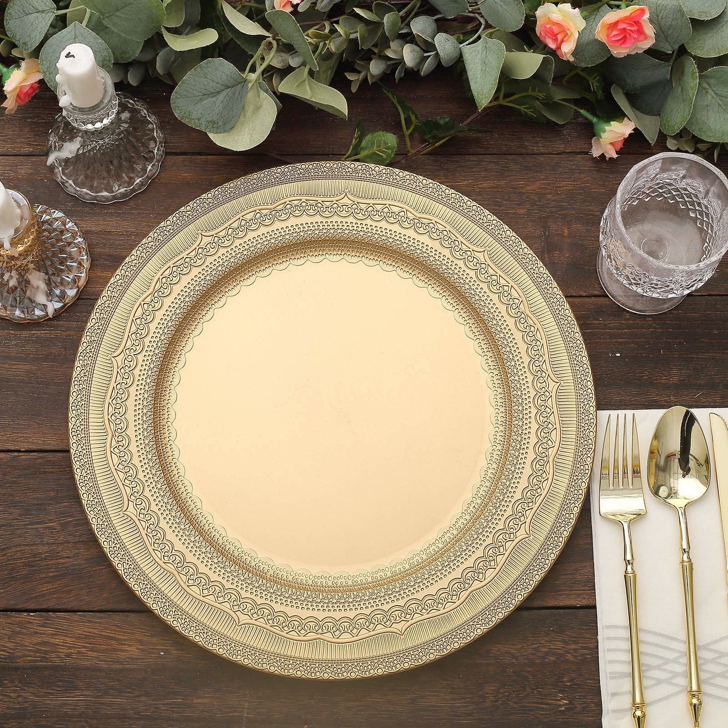 Gold rustic lace embossed acrylic charger plate.