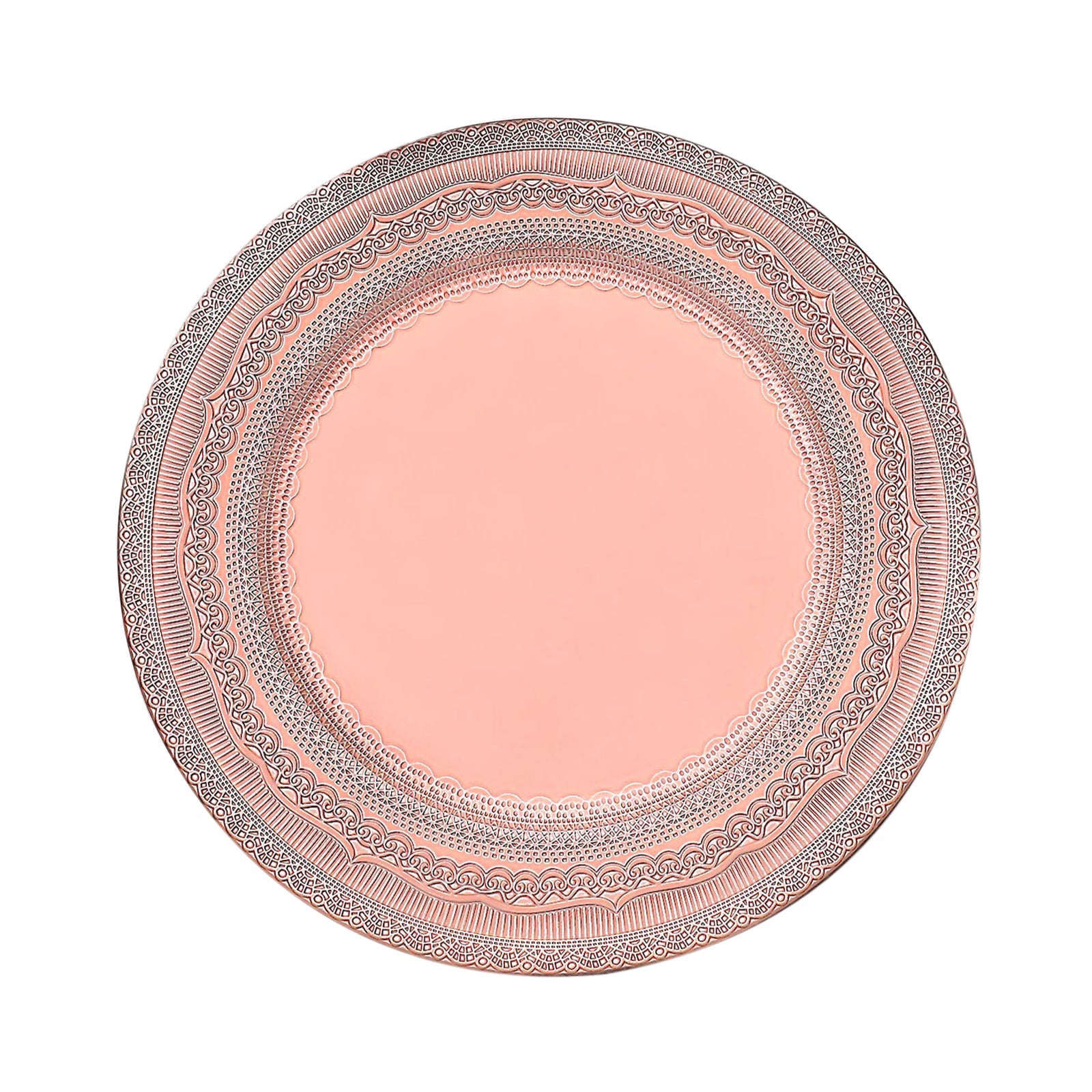 Rose gold rustic lace embossed acrylic charger plate.