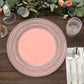 Rose gold rustic lace embossed acrylic charger plate on a wooden table.