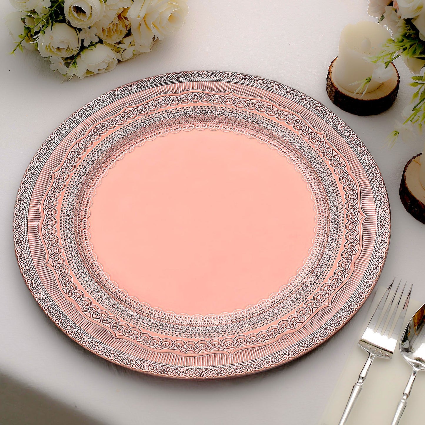 Rose gold lace embossed acrylic charger plate, 13 inches, set of 6.