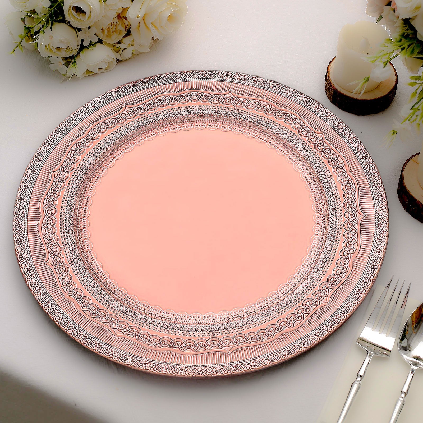 Rose gold lace embossed acrylic charger plate, 13 inches, set of 6.