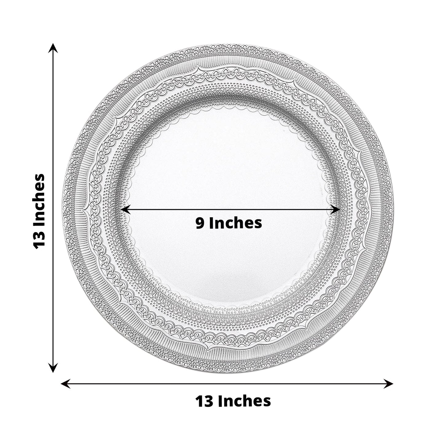 Silver rustic lace embossed acrylic charger plate, 13 inches.
