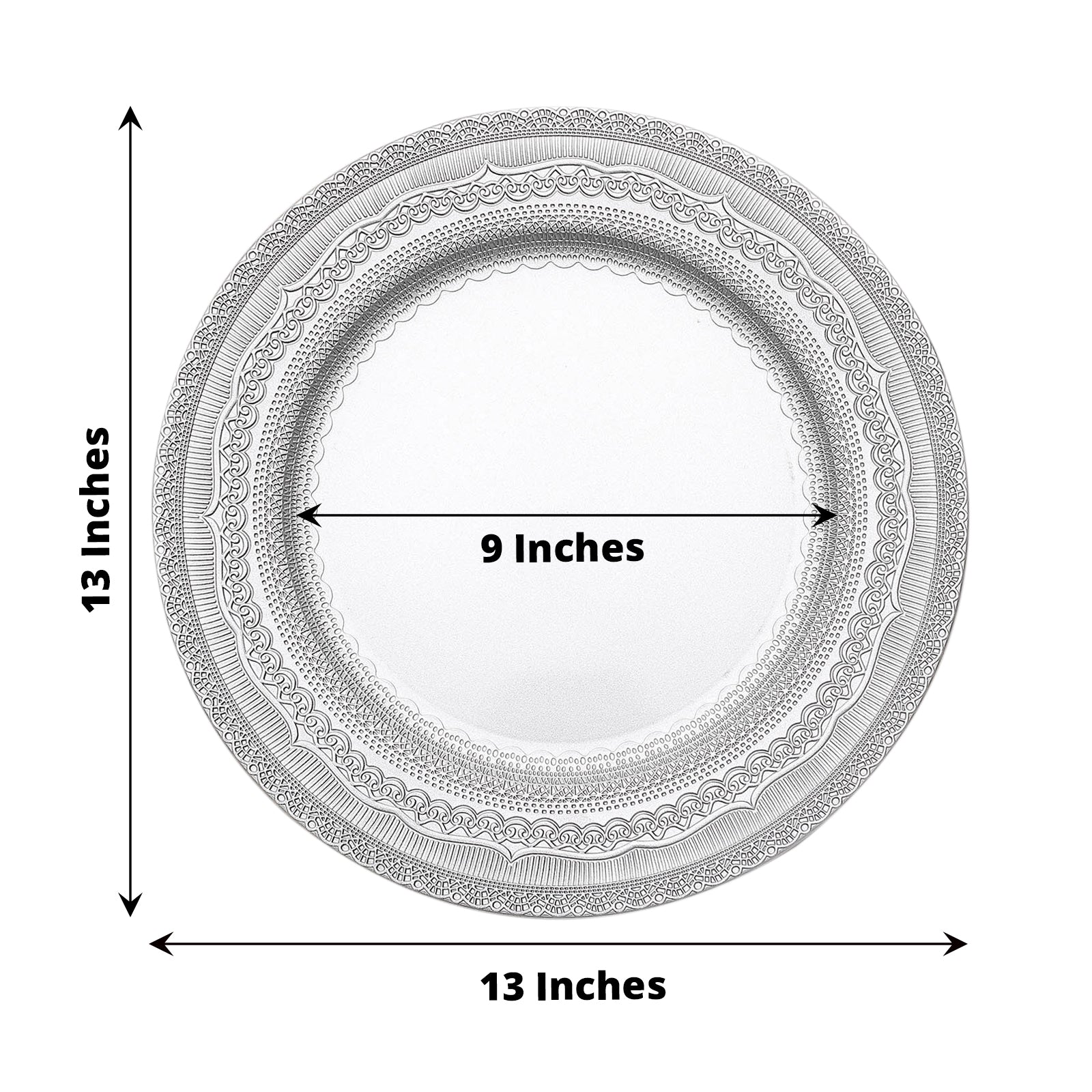 Silver rustic lace embossed acrylic charger plate, 13 inches.