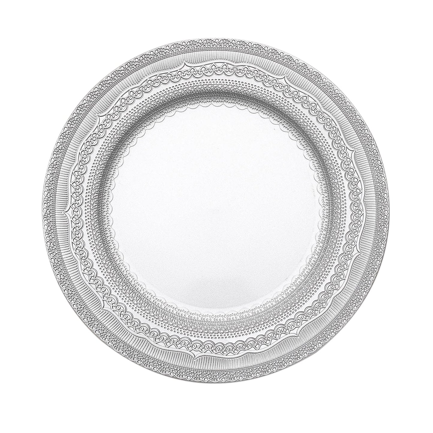 Silver rustic lace embossed acrylic charger plate.