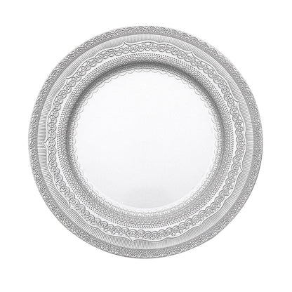 Silver rustic lace embossed acrylic charger plate.