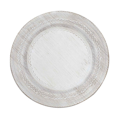White decorative plate with intricate embossed design and textured finish.