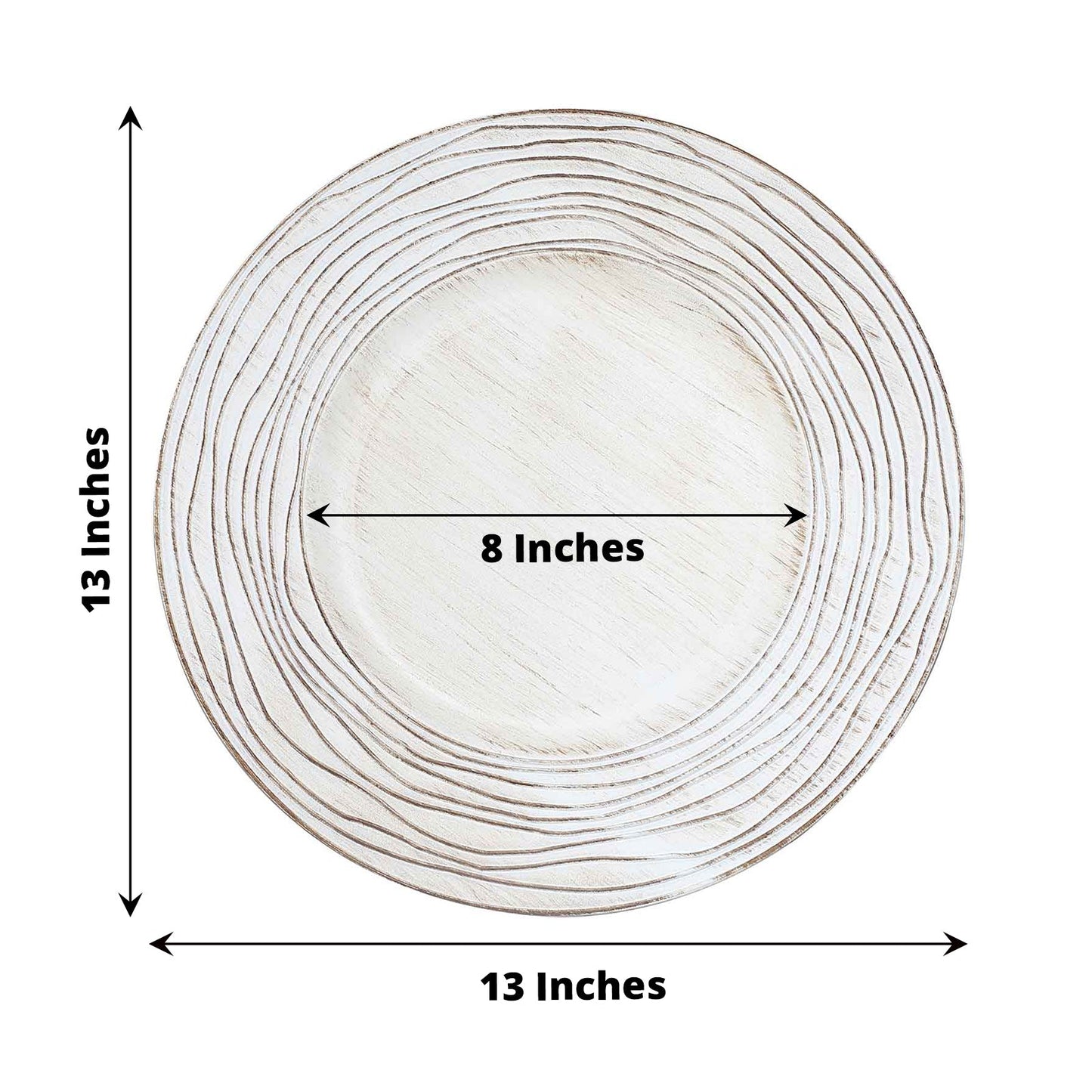 White was washed rose embossed faux wood charger tray, 13 inches round.