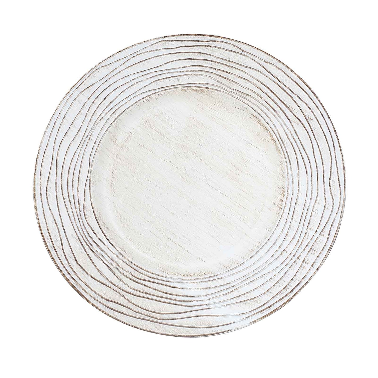 White washed rose embossed round disposable serving plate charger tray.