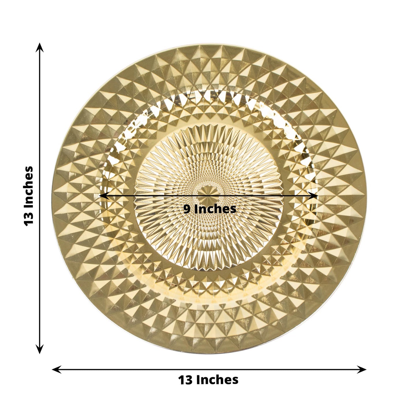 13" Sparkling Gold Diamond Disposable Dinner Plates, Shiny Round Plastic Chargers