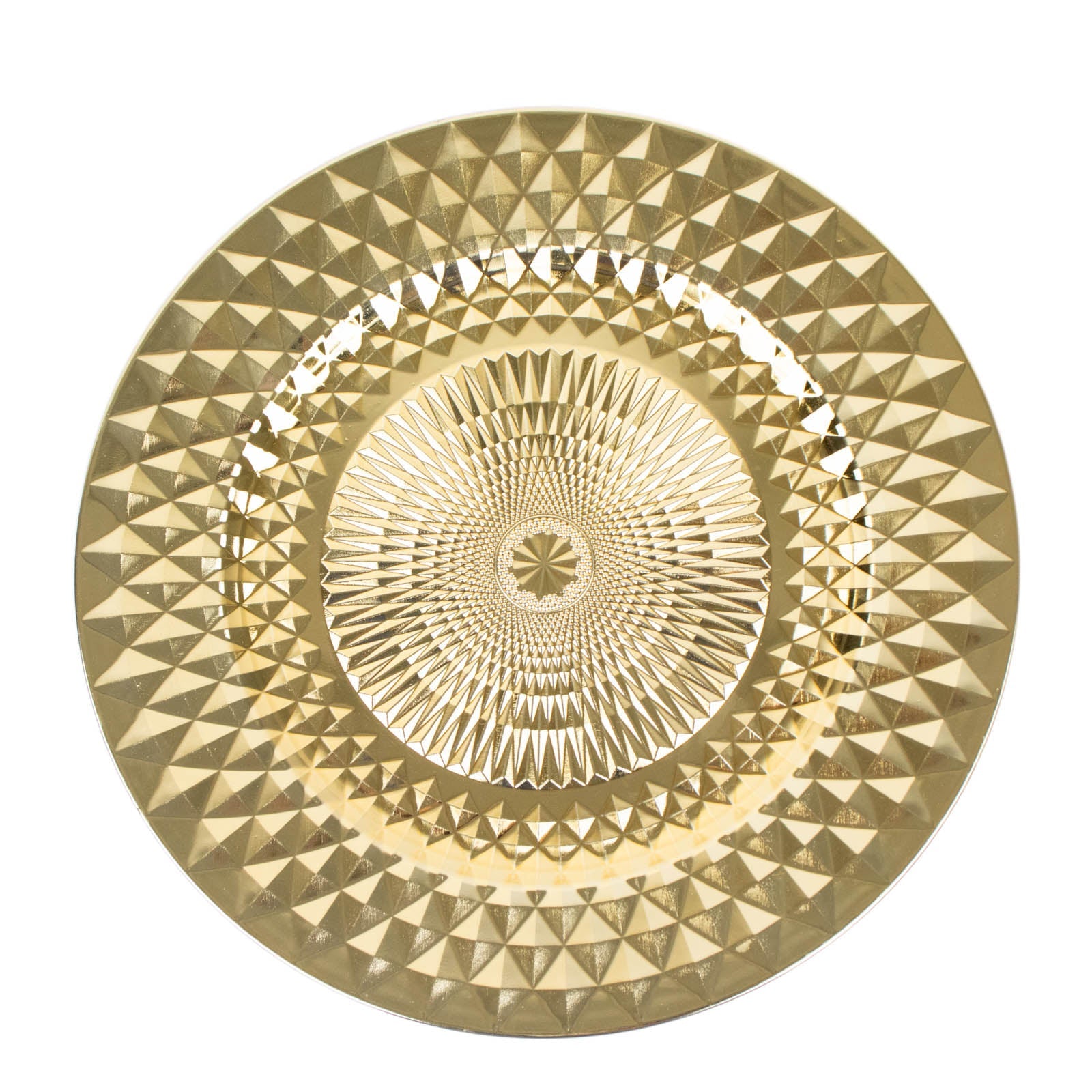 Shiny gold diamond disposable dinner serving plate, 13 inches in diameter.