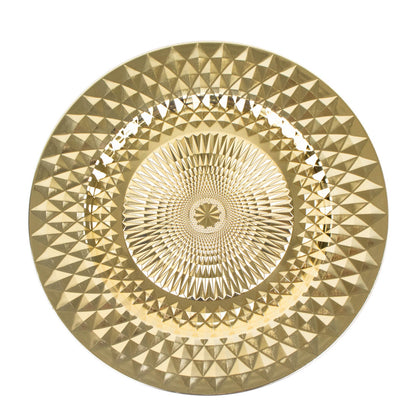 Shiny gold diamond disposable dinner serving plate, 13 inches in diameter.