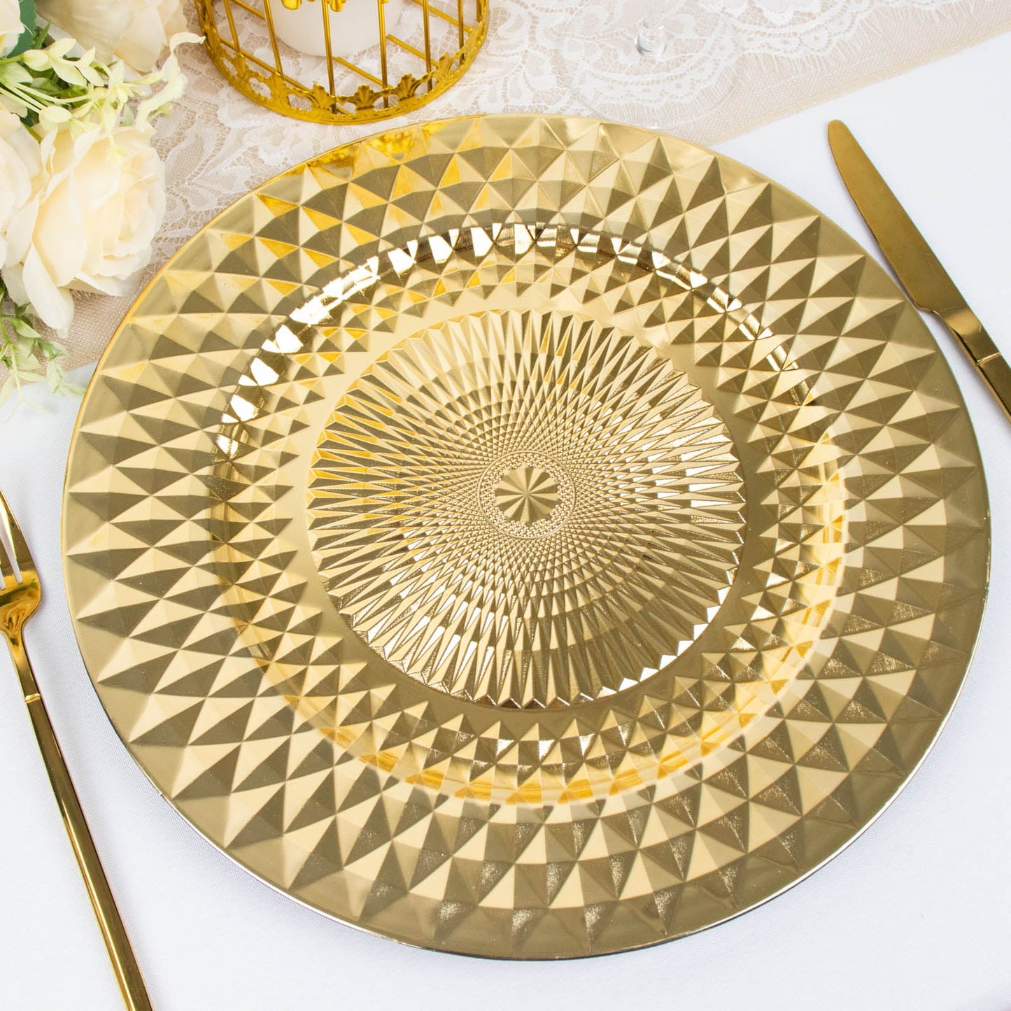 Shiny gold diamond disposable dinner serving plate, round plastic charger.