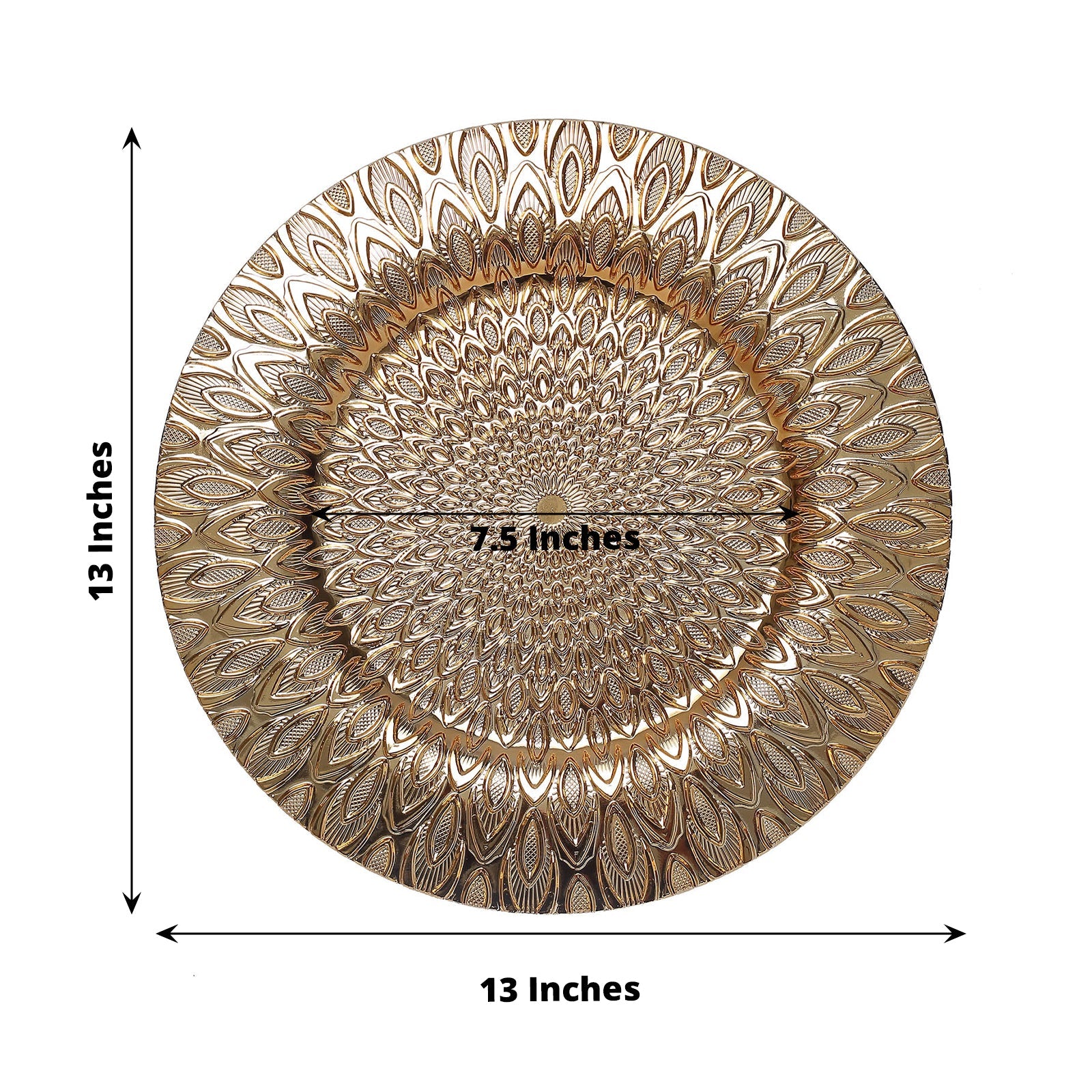 Gold embossed peacock design 13" round disposable charger plate.