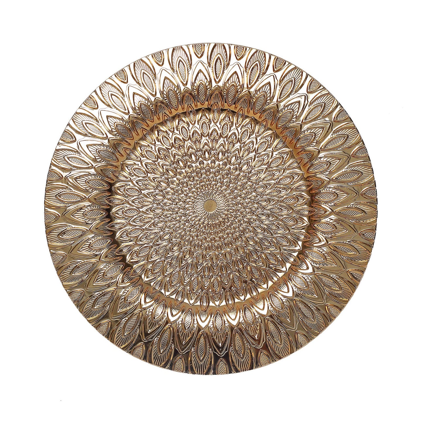 Gold embossed peacock design round disposable charger plate.