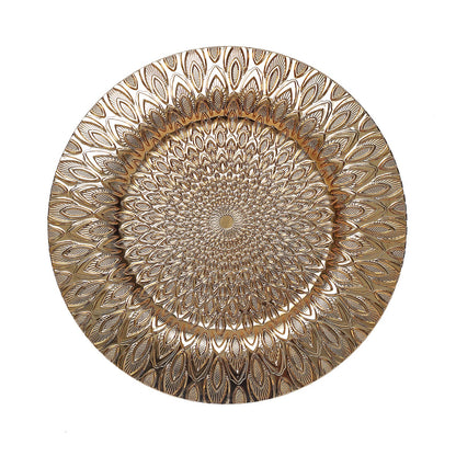 Gold embossed peacock design round disposable charger plate.