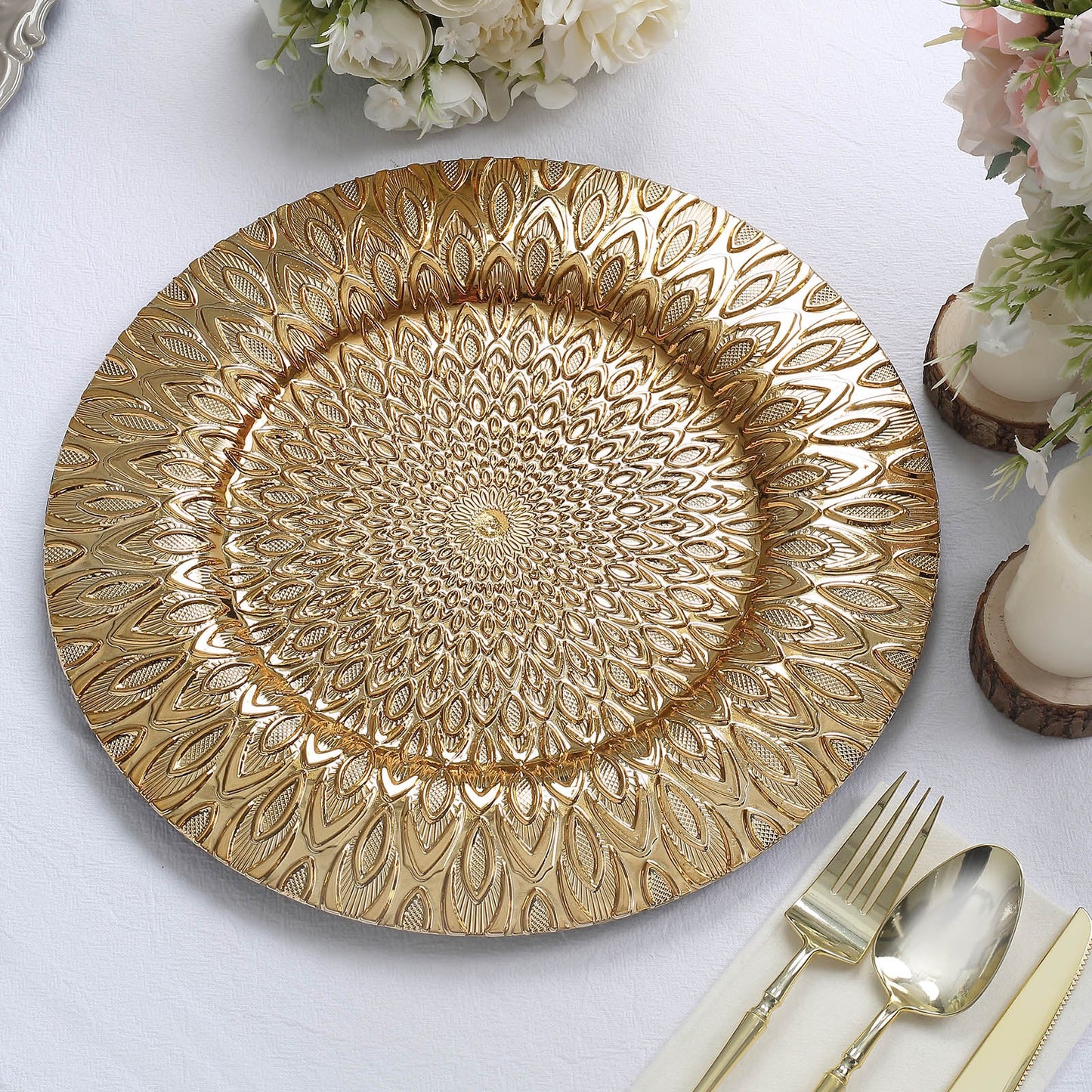 Gold embossed peacock design disposable charger plate, 13 inches, round plastic serving plate.