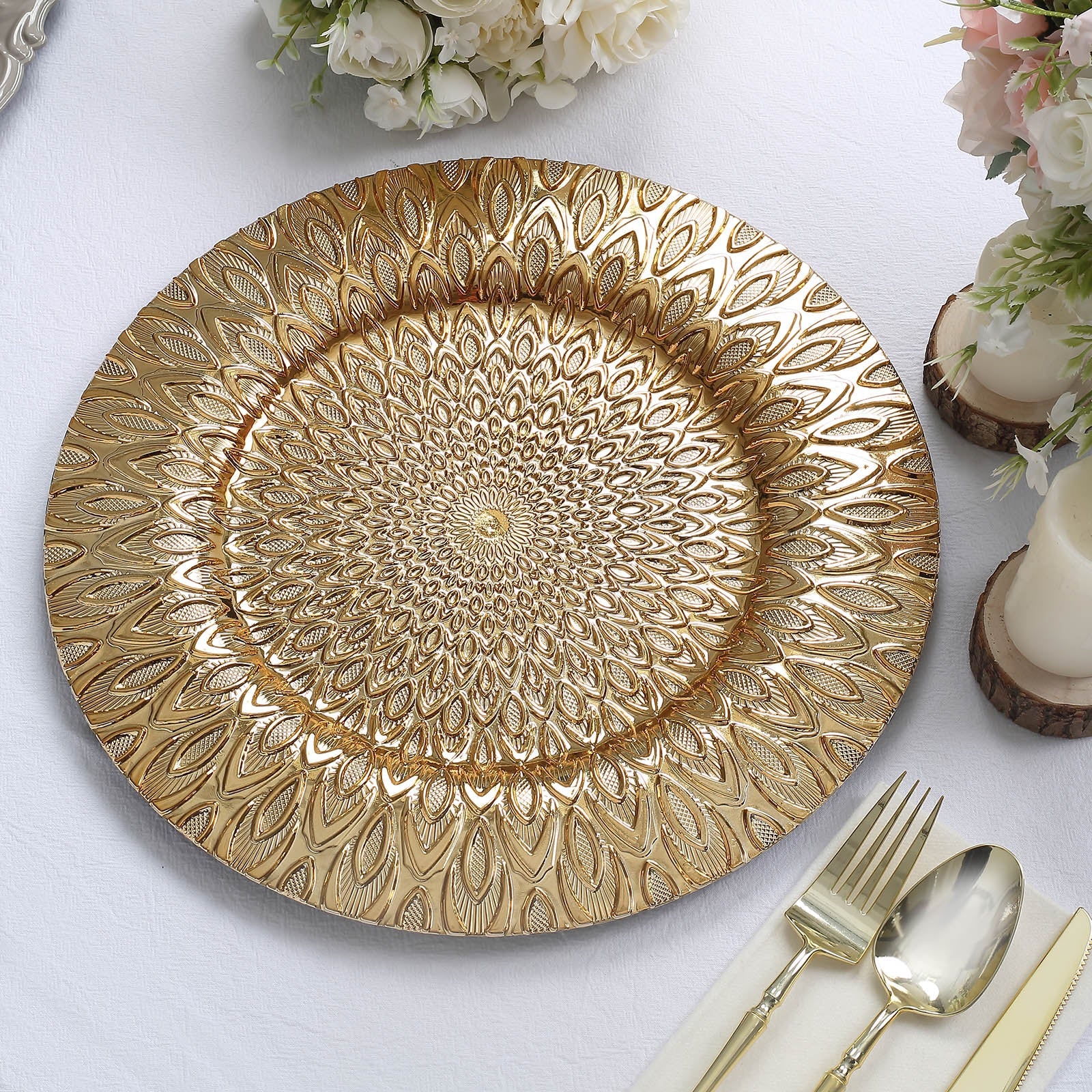 Gold embossed peacock design disposable charger plate, 13 inches, round plastic serving plate.