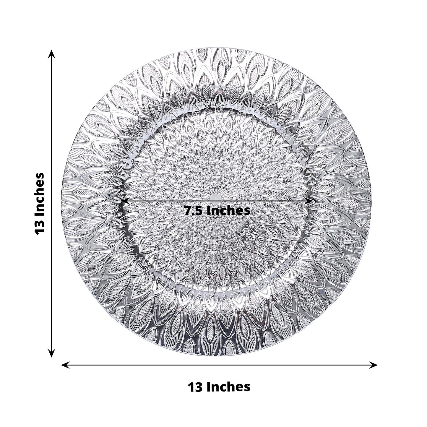 Silver embossed peacock design disposable charger plate, 13 inches round.