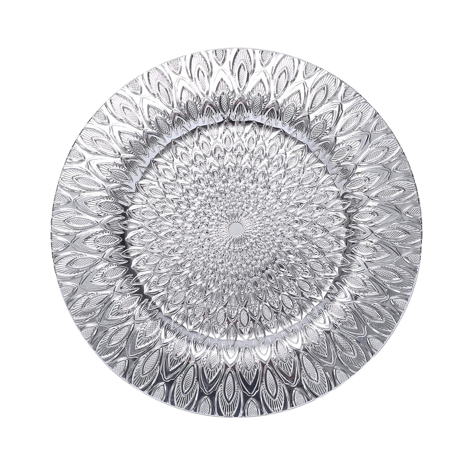 Silver embossed peacock design disposable charger plate.