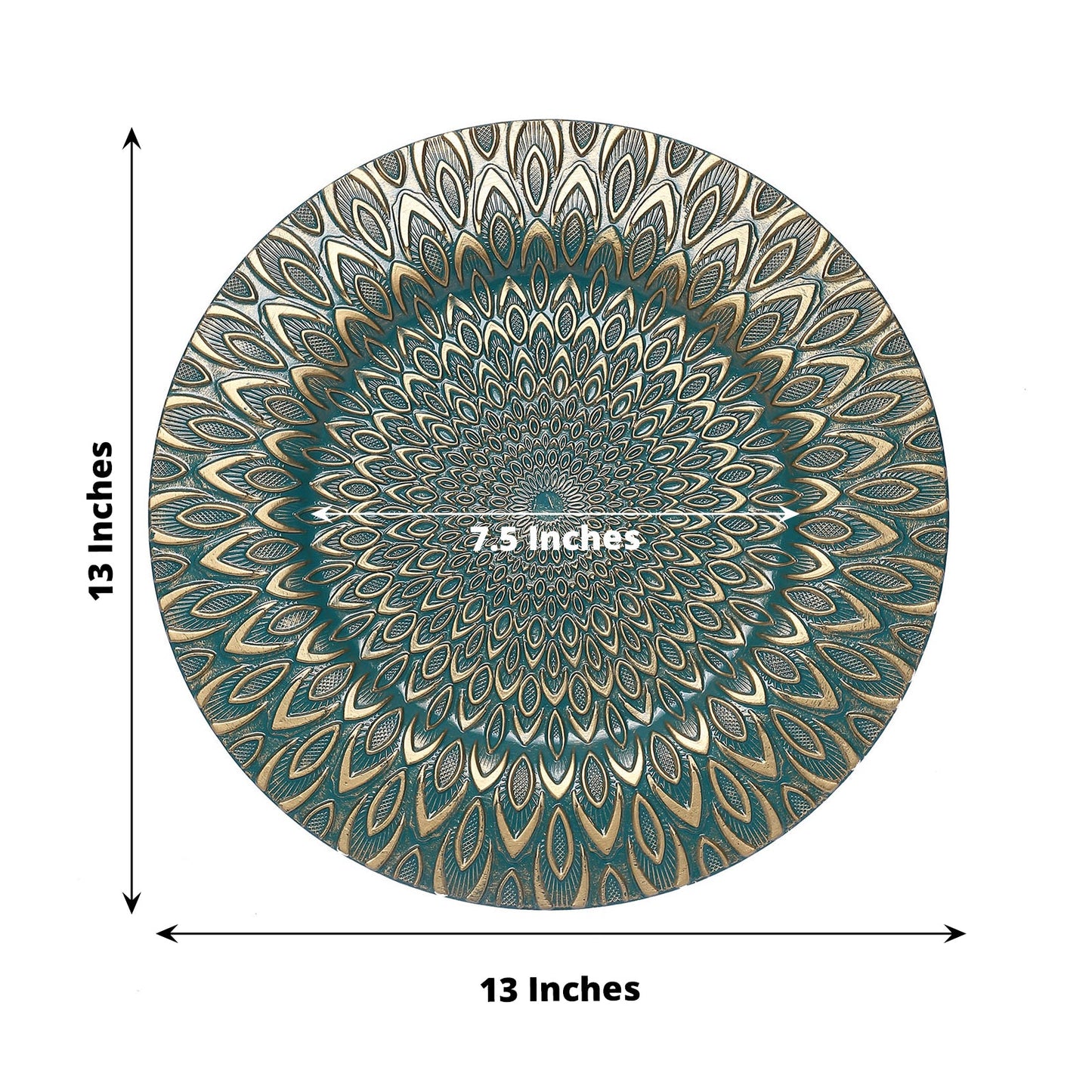 Teal and gold embossed peacock design disposable charger plate, 13 inches.
