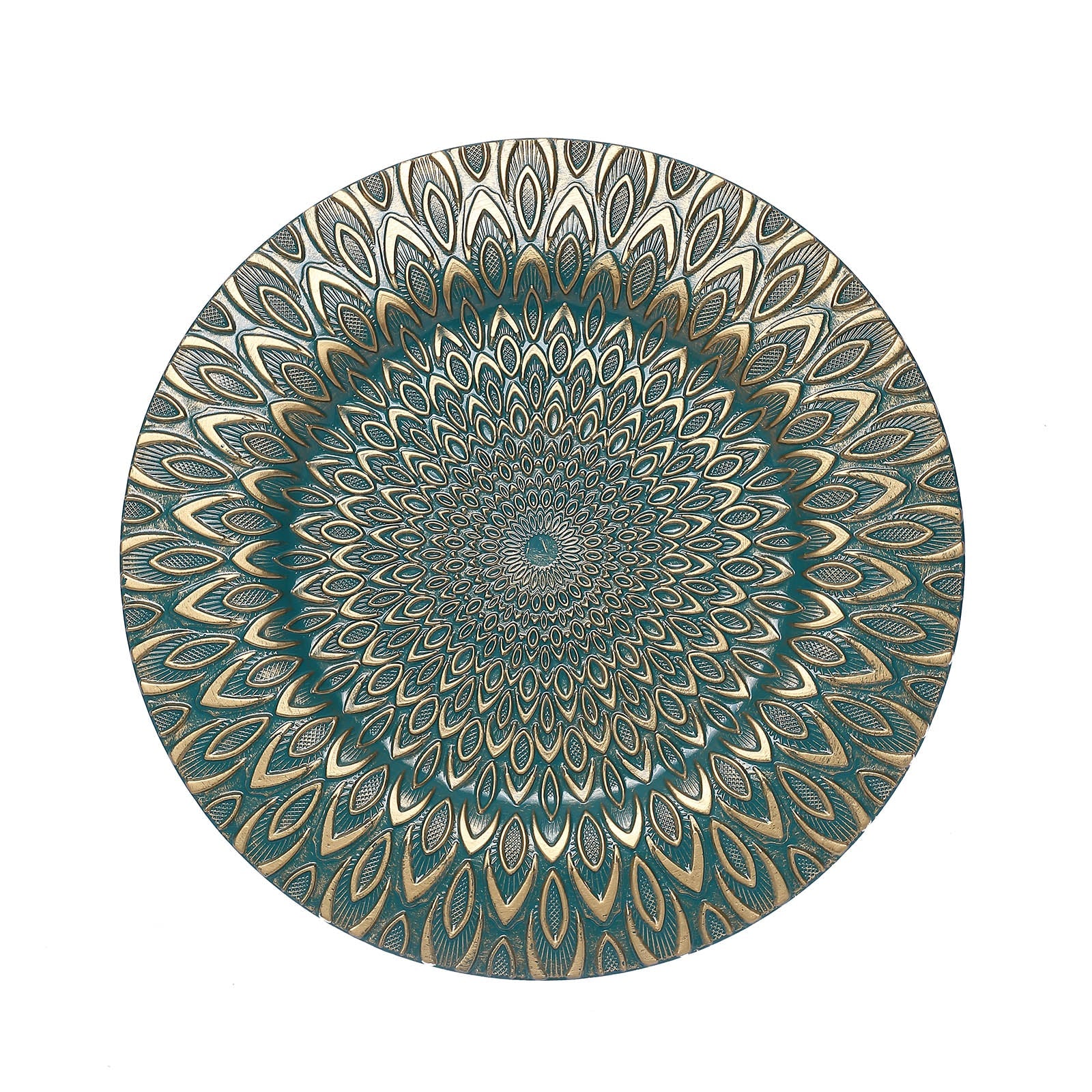 Teal and gold embossed peacock design disposable charger plate.