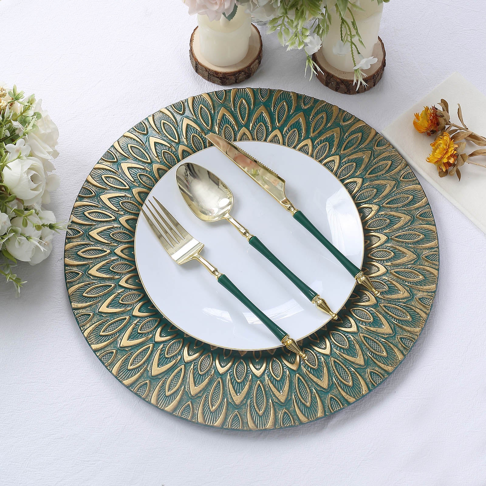 Teal and gold embossed peacock design disposable charger plate.