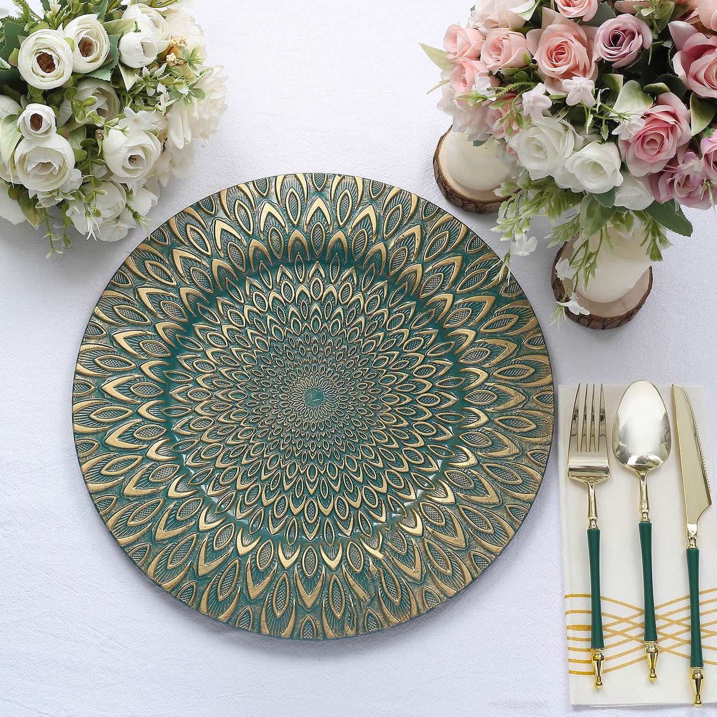 Teal and gold embossed peacock design disposable charger plate.
