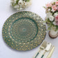 Teal and gold embossed peacock design disposable charger plate.