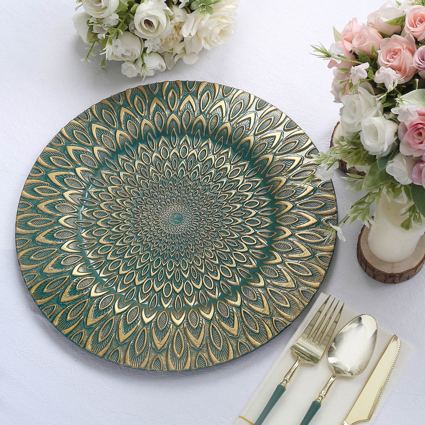 Teal and gold embossed peacock design disposable charger plate.