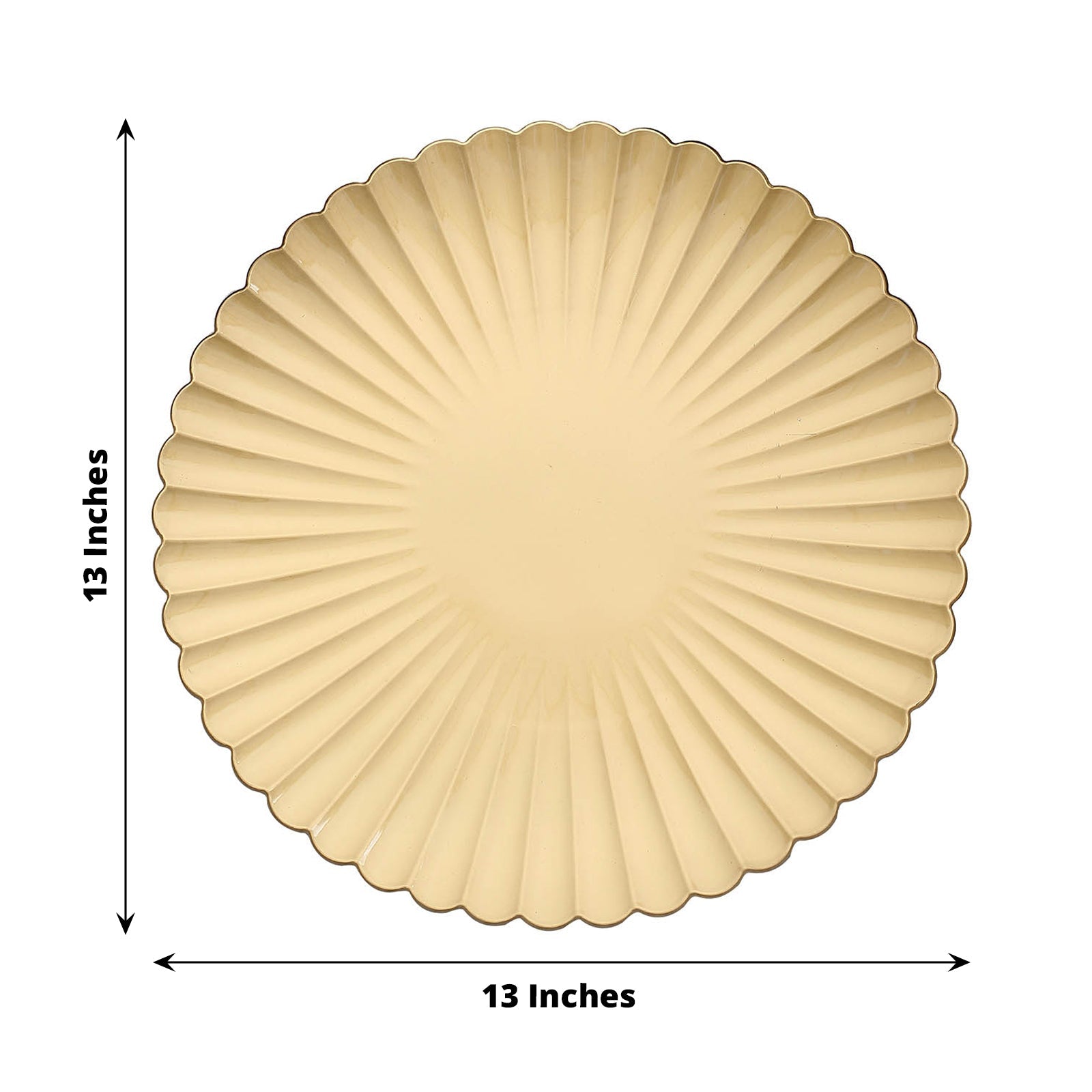 Gold scalloped shell pattern plastic charger plate, 13 inches round.