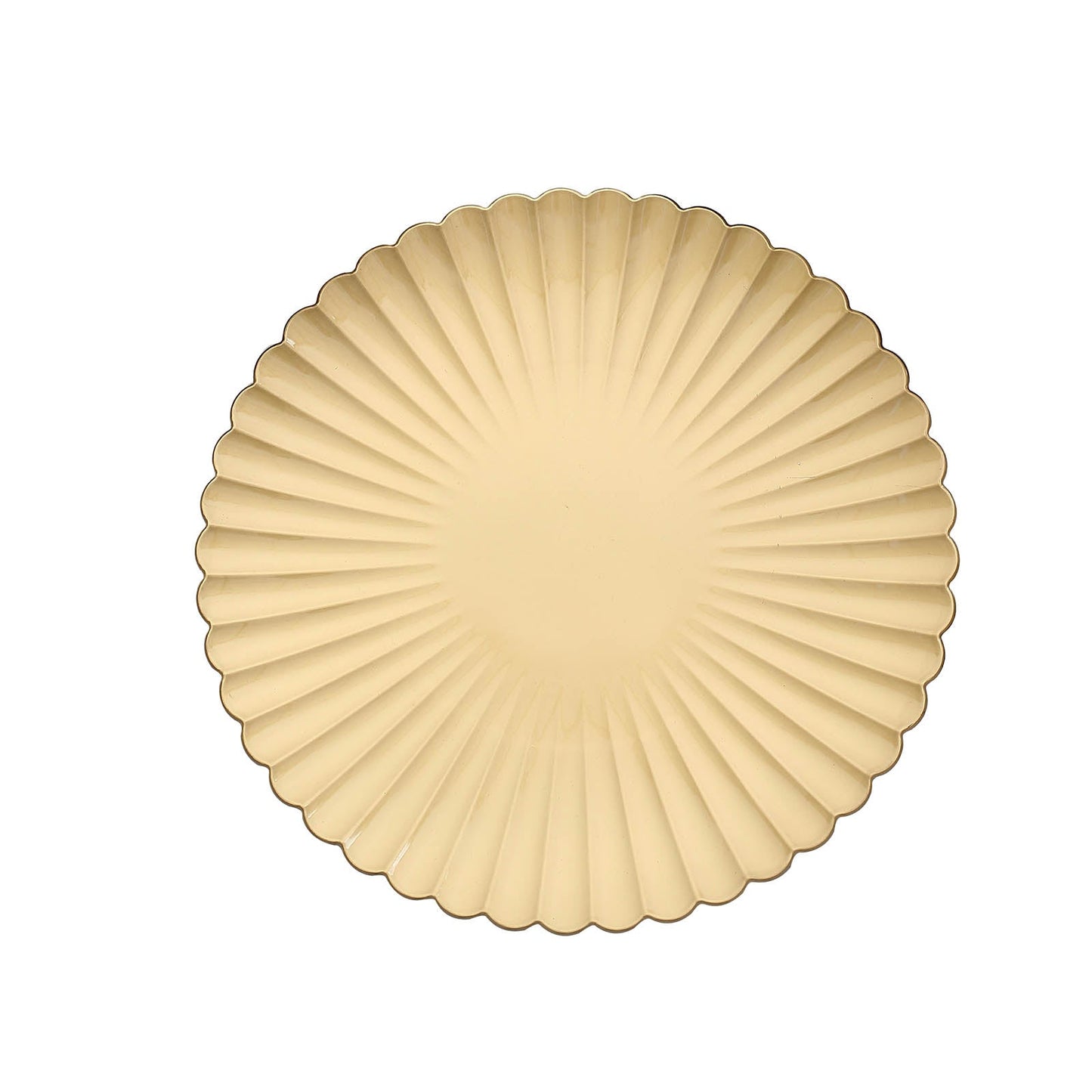 Gold scalloped shell pattern plastic charger plate.