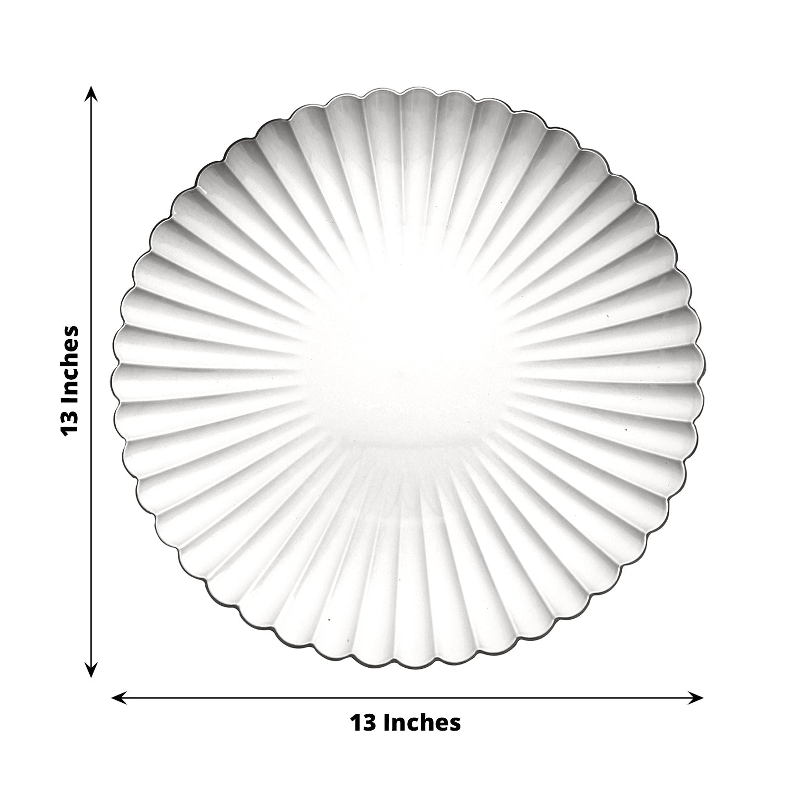 Silver scalloped shell plastic charger plate, 13 inches, round disposable serving tray.