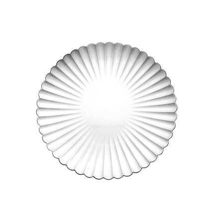 Silver scalloped shell pattern plastic charger plate.