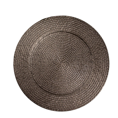 Natural brown rattan-like disposable round charger plate.