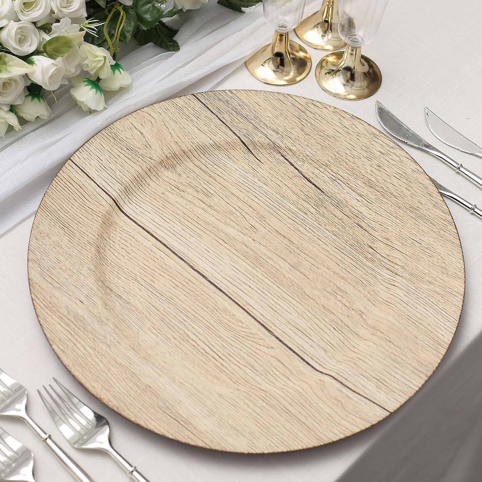 Natural wood grain charger plate for elegant table settings.