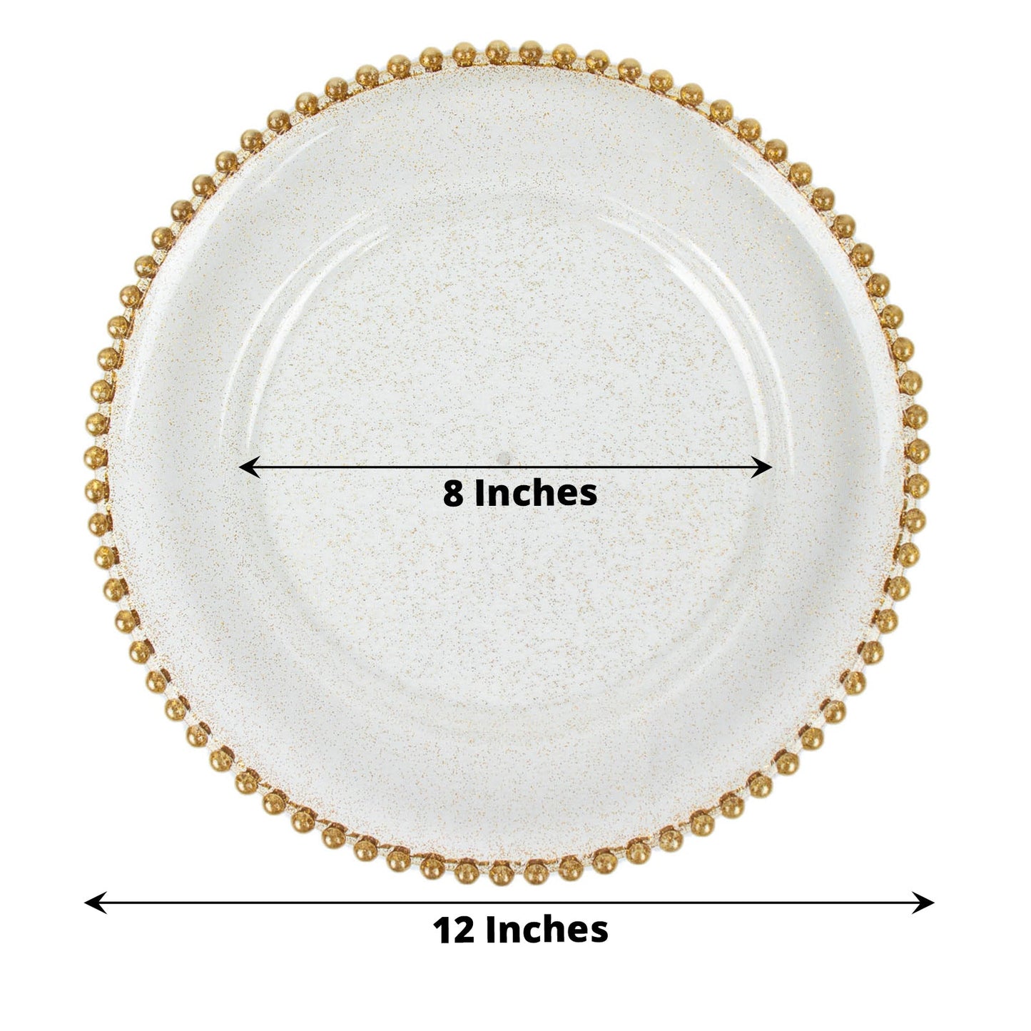 Clear gold glitter acrylic plastic charger plate with beaded rim.