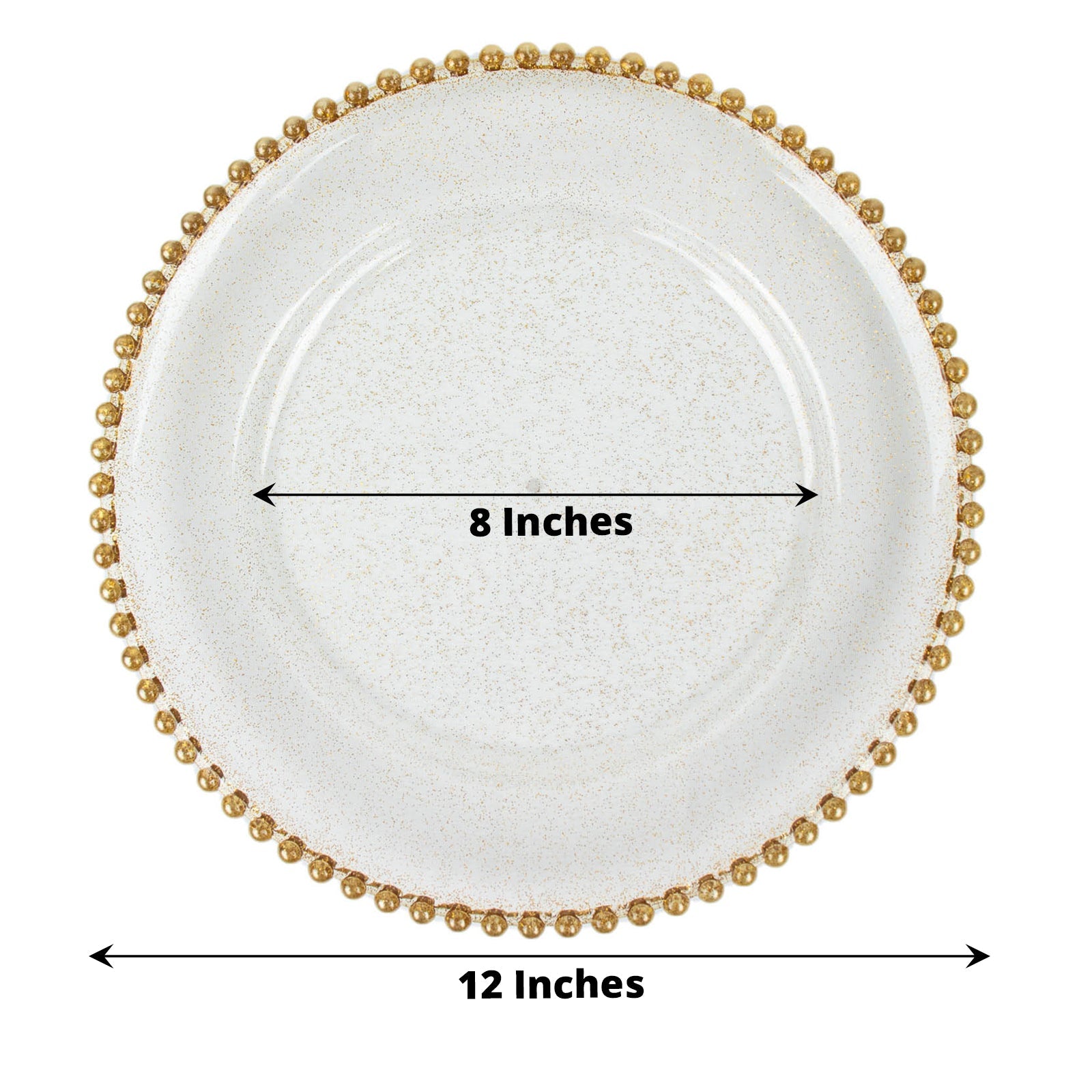 Clear gold glitter acrylic plastic charger plate with beaded rim.