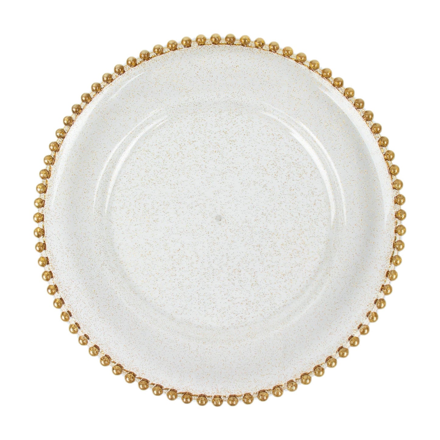 Clear gold glitter charger plate with beaded rim.